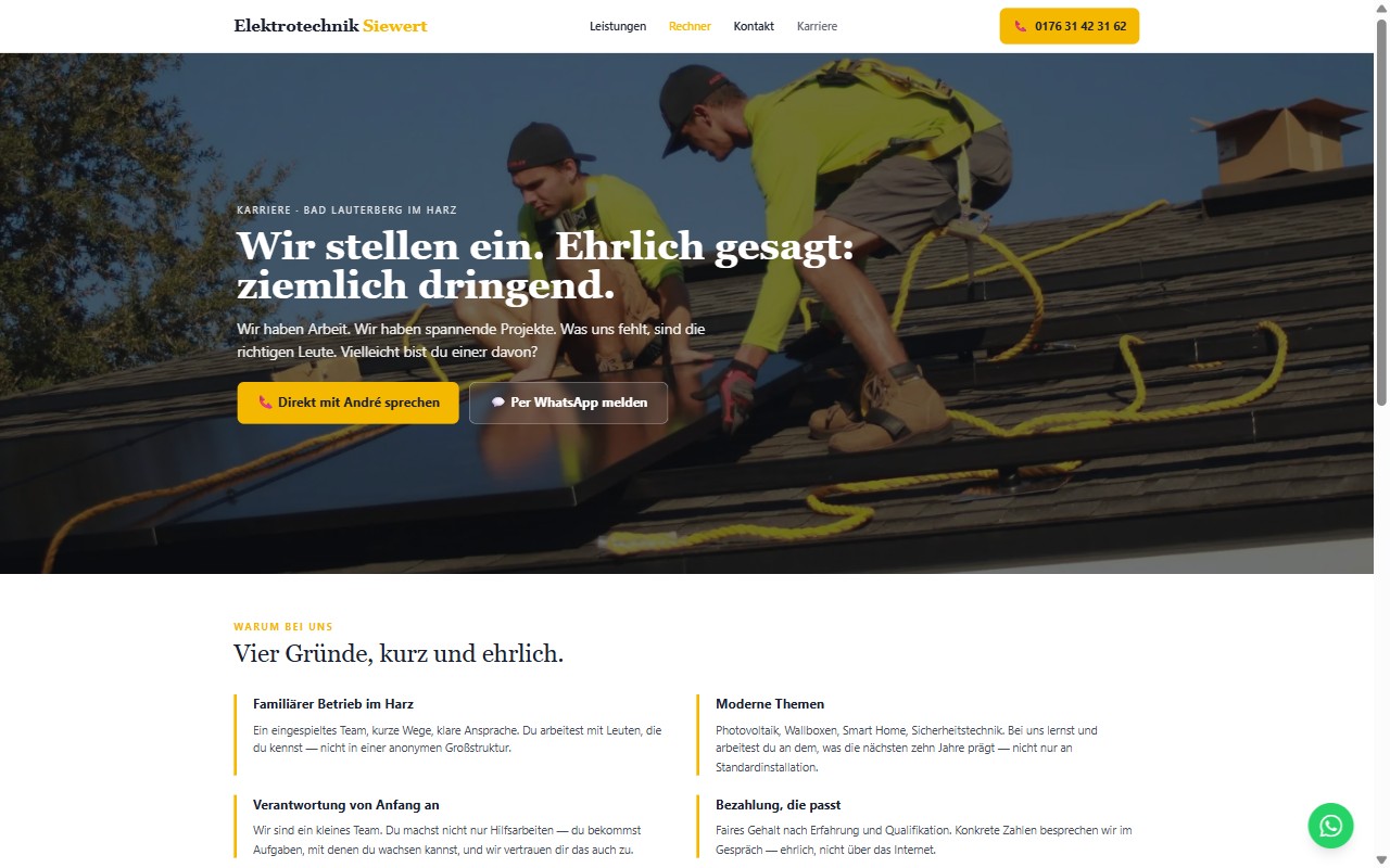 Karriereseite der neuen Website von Elektrotechnik Siewert, Bad Lauterberg im Harz