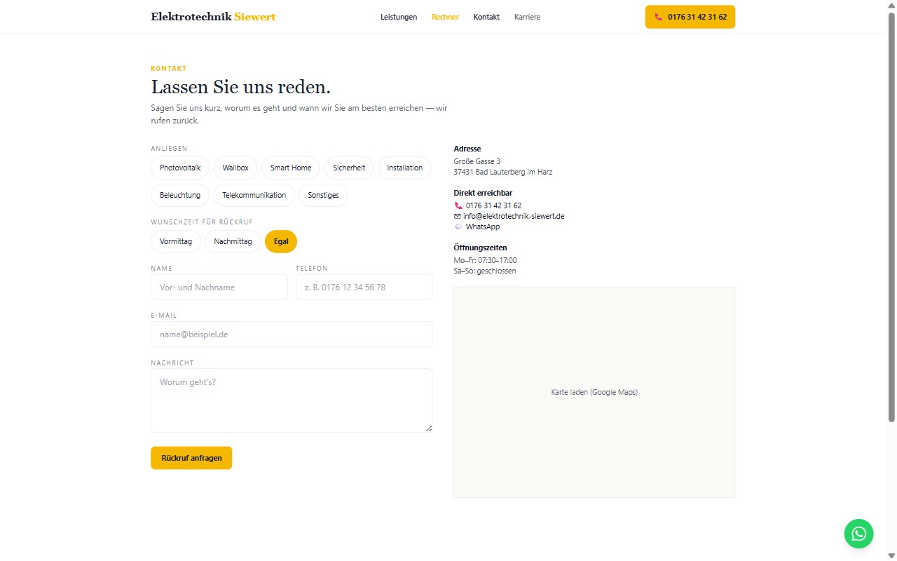 Kontaktseite der neuen Website von Elektrotechnik Siewert, Bad Lauterberg im Harz