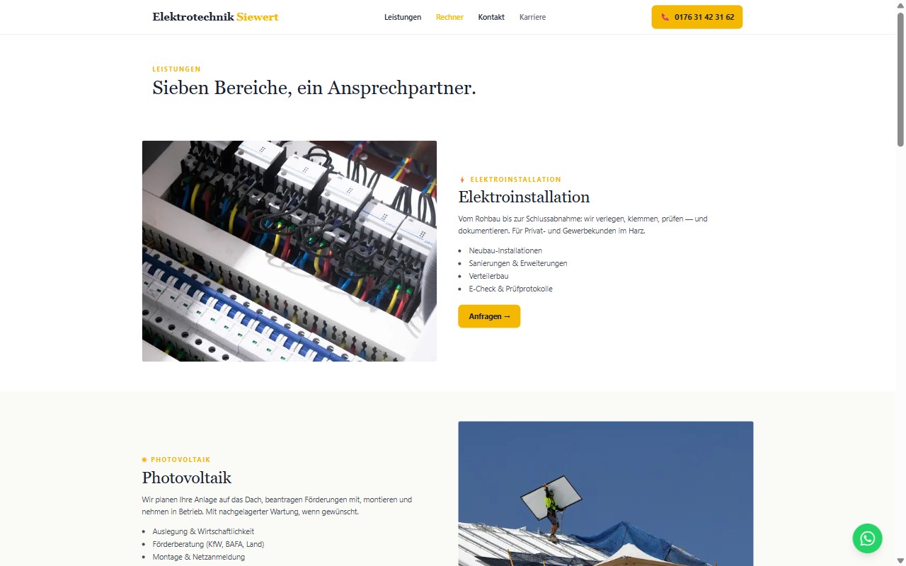Leistungsseite der neuen Website von Elektrotechnik Siewert, Bad Lauterberg im Harz
