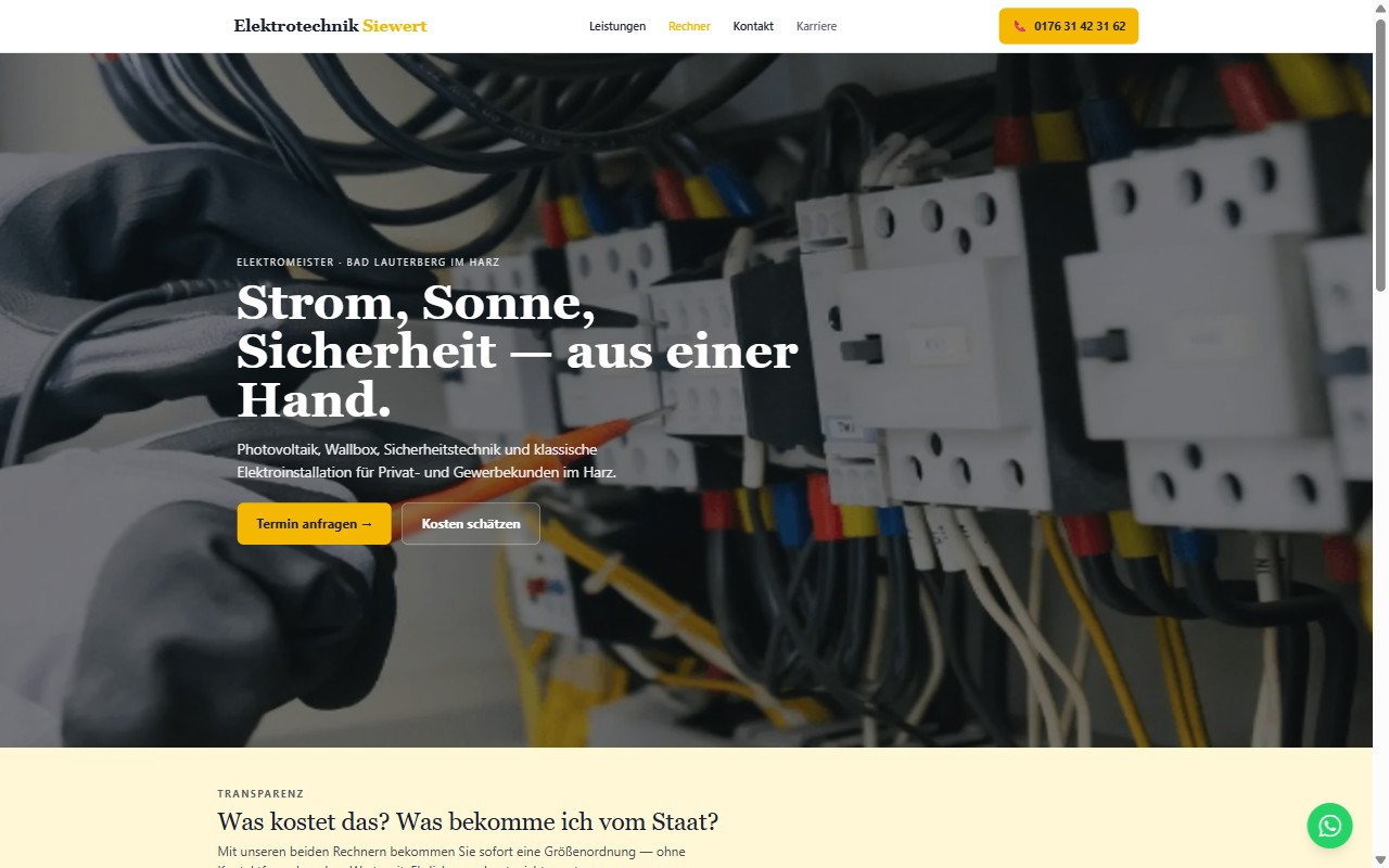 Startseite der neuen Website von Elektrotechnik Siewert, Bad Lauterberg im Harz